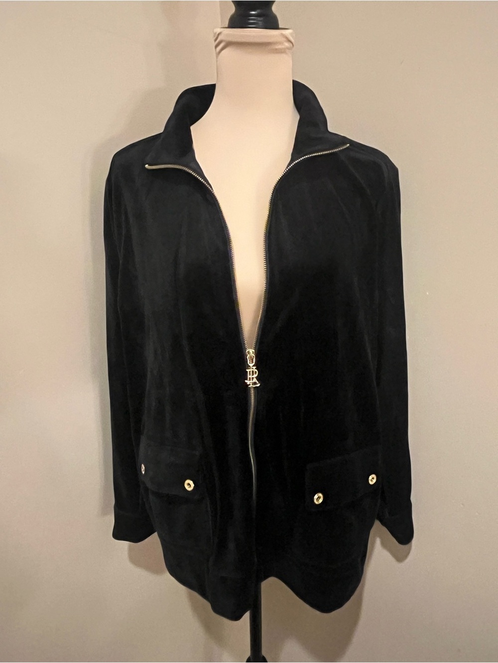 Lauren Ralph Lauren Black Velvet Zip Jacket Gold Accents & Logo Pull Tab, 2X